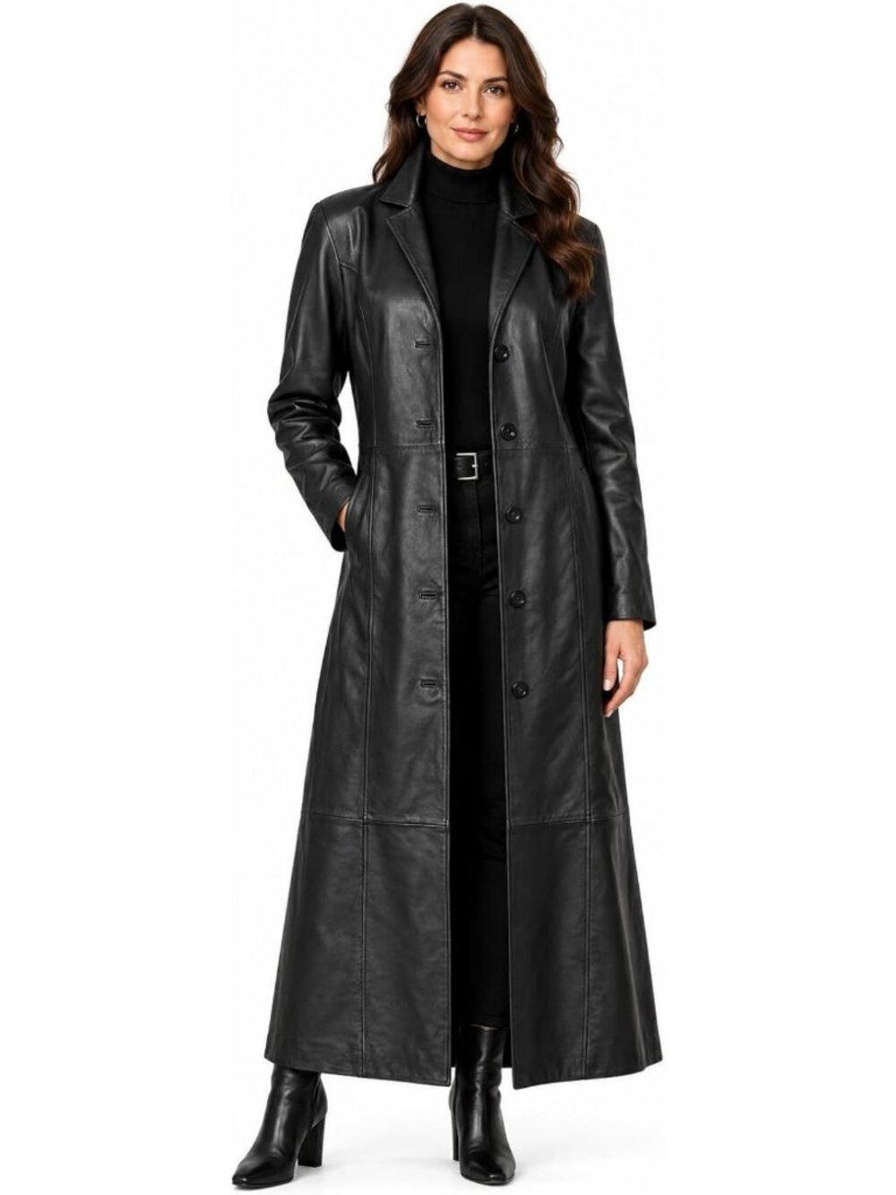Stylish Women's Long Black Leather Trench Coat | Real Lambskin Overcoat